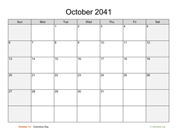 October 2041 Calendar with Weekend Shaded