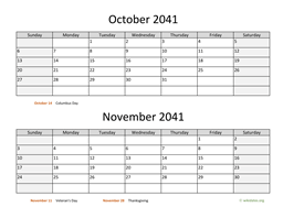 October and November 2041 Calendar