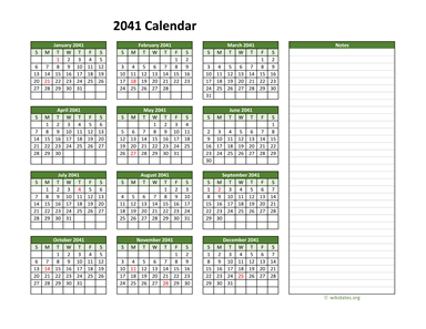 Yearly Printable 2041 Calendar with Notes