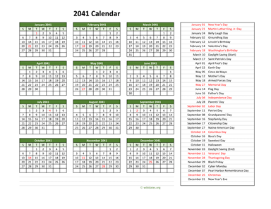 2041 Calendar with US Holidays