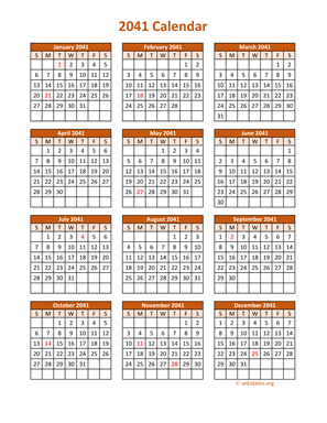 Full Year 2041 Calendar on one page