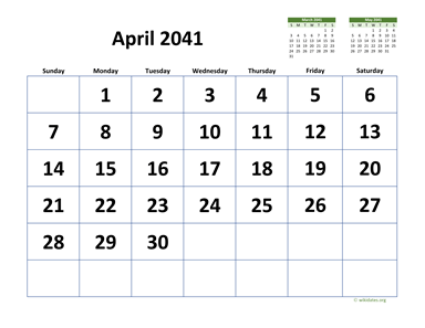 April 2041 Calendar with Extra-large Dates