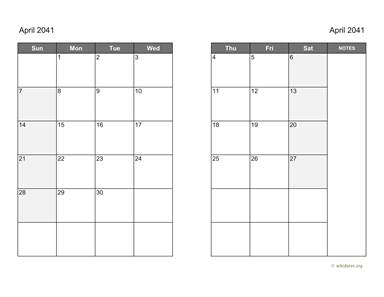 April 2041 Calendar on two pages