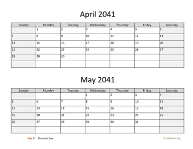 April and May 2041 Calendar Horizontal