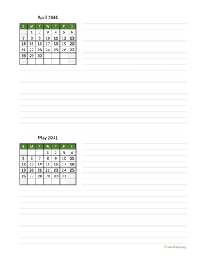 April and May 2041 Calendar with Notes