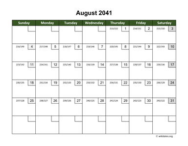 August 2041 Calendar with Day Numbers