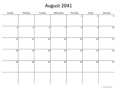 August 2041 Calendar with Bigger boxes