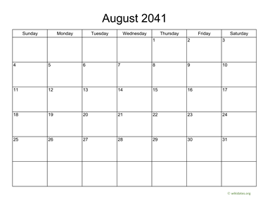 Basic Calendar for August 2041