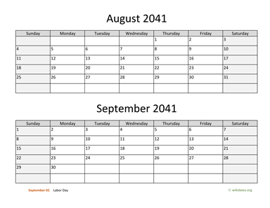 August and September 2041 Calendar Horizontal