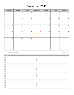 December 2041 Calendar with To-Do List