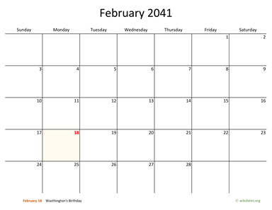 February 2041 Calendar with Bigger boxes