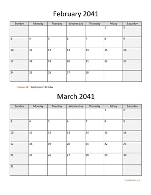 February and March 2041 Calendar Vertical