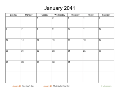 Basic Calendar for January 2041