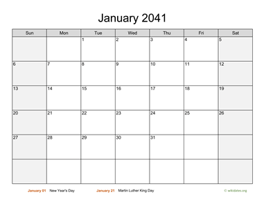January 2041 Calendar with Weekend Shaded