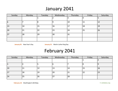 January and February 2041 Calendar Horizontal