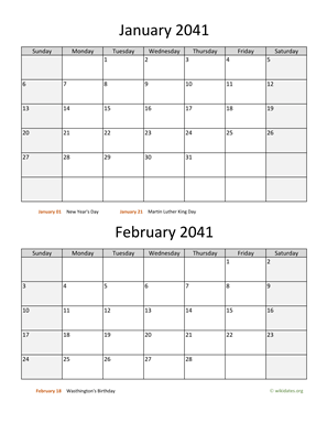 January and February 2041 Calendar Vertical