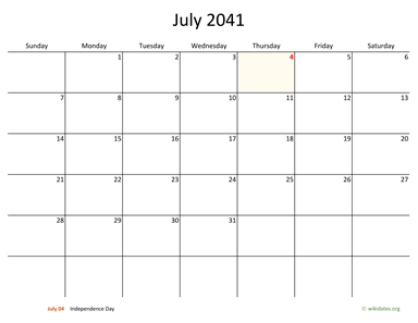 July 2041 Calendar with Bigger boxes