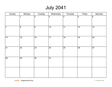 Basic Calendar for July 2041