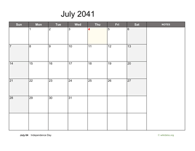 July 2041 Calendar with Notes