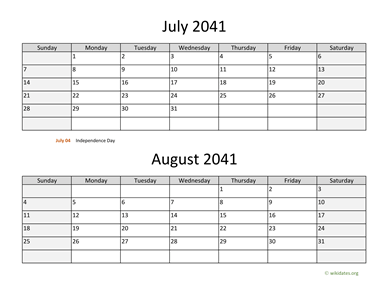 July and August 2041 Calendar Horizontal