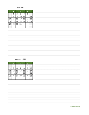 July and August 2041 Calendar with Notes