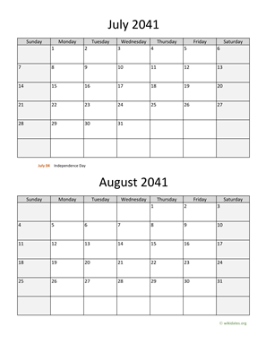 July and August 2041 Calendar Vertical
