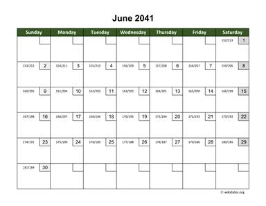 June 2041 Calendar with Day Numbers