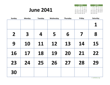 June 2041 Calendar with Extra-large Dates
