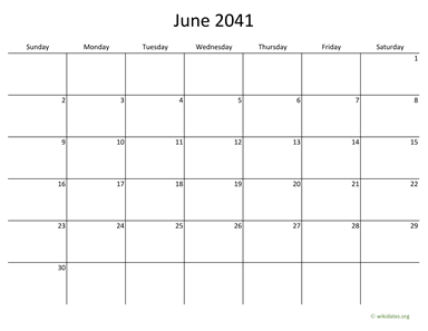 June 2041 Calendar with Bigger boxes