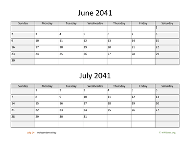June and July 2041 Calendar Horizontal