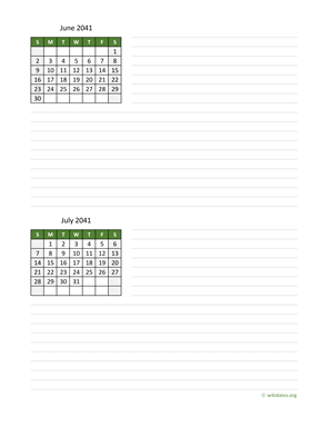 June and July 2041 Calendar with Notes