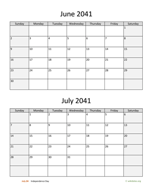June and July 2041 Calendar Vertical