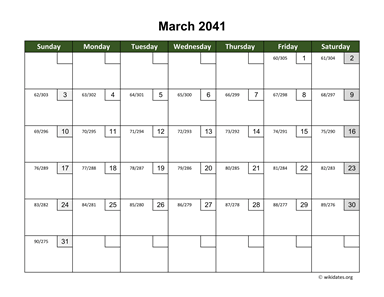 March 2041 Calendar with Day Numbers