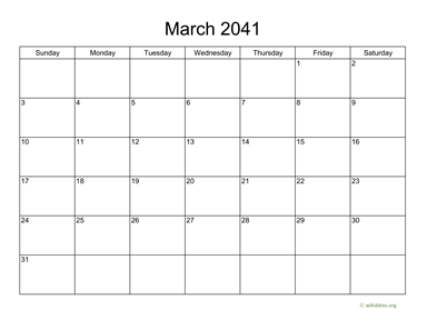 Basic Calendar for March 2041 | WikiDates.org