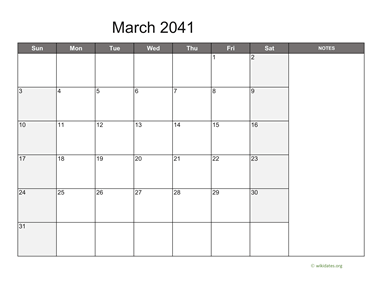 March 2041 Calendar with Notes