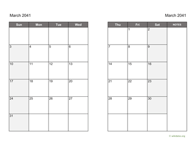 March 2041 Calendar on two pages