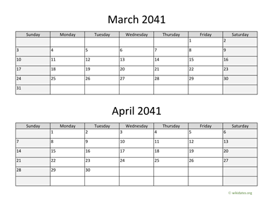 March and April 2041 Calendar Horizontal