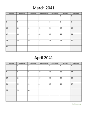 March and April 2041 Calendar Vertical