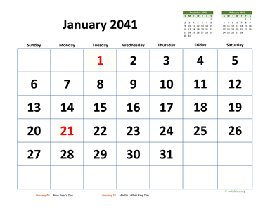 Monthly 2041 Calendar with Extra-large Dates