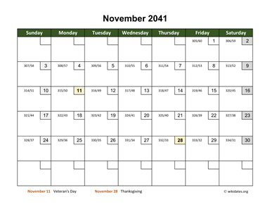 November 2041 Calendar with Day Numbers