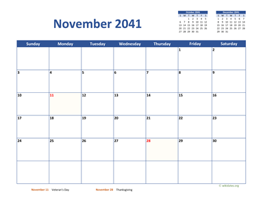 November 2041 Calendar Classic