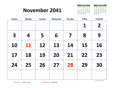 November 2041 Calendar with Extra-large Dates
