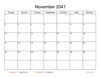 Basic Calendar for November 2041