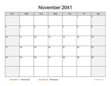 November 2041 Calendar with Weekend Shaded