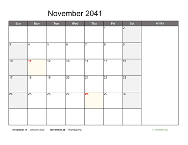 November 2041 Calendar with Notes