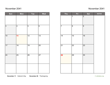 November 2041 Calendar on two pages