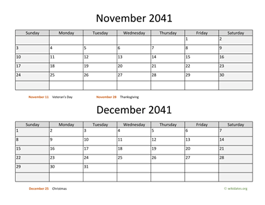 November and December 2041 Calendar Horizontal