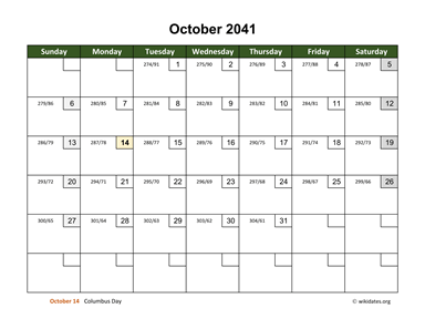 October 2041 Calendar with Day Numbers