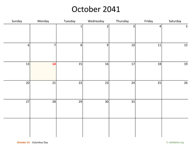 October 2041 Calendar with Bigger boxes
