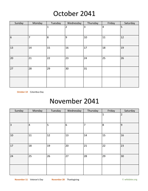 October and November 2041 Calendar Vertical